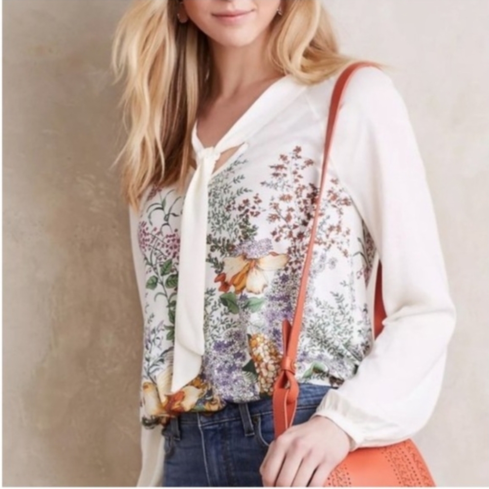 Anthro Meadow Rue Montmagny Floral Print Tie Neck Top